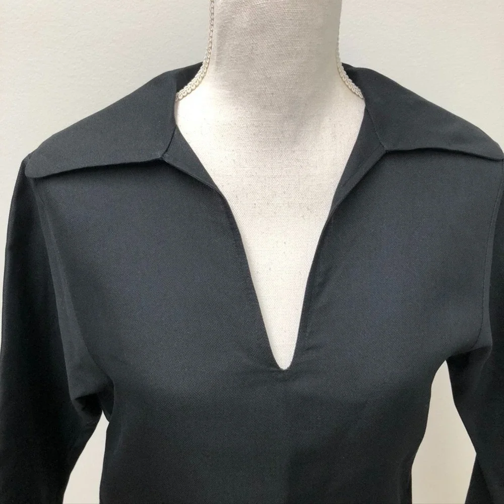 Tory Burch Silk Gazar Tunic Top Womens 2 Black Minimalist 3/4 Sleeve Teacher New